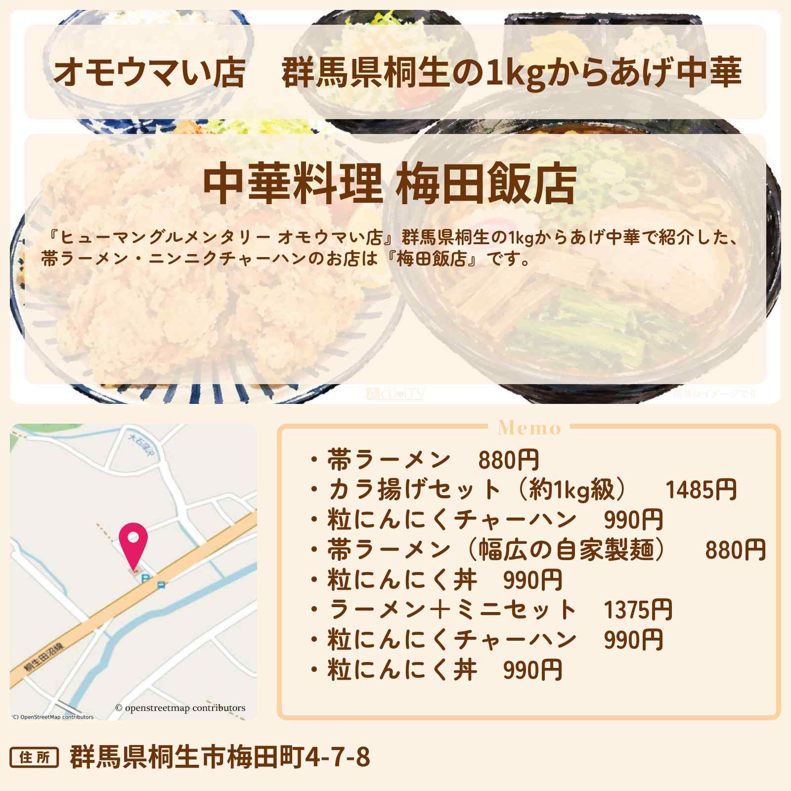【オモウマい店】群馬県桐生の1kgからあげ中華『梅田飯店』・帯ラーメン・ニンニクチャーハンのお店の場所
