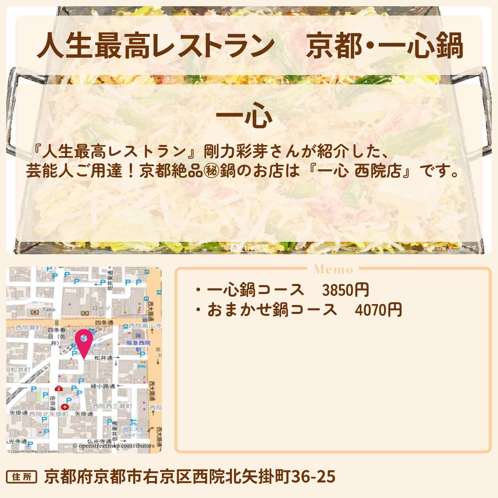 【人生最高レストラン】京都・一心鍋 剛力彩芽『一心 西院店』のお店の場所