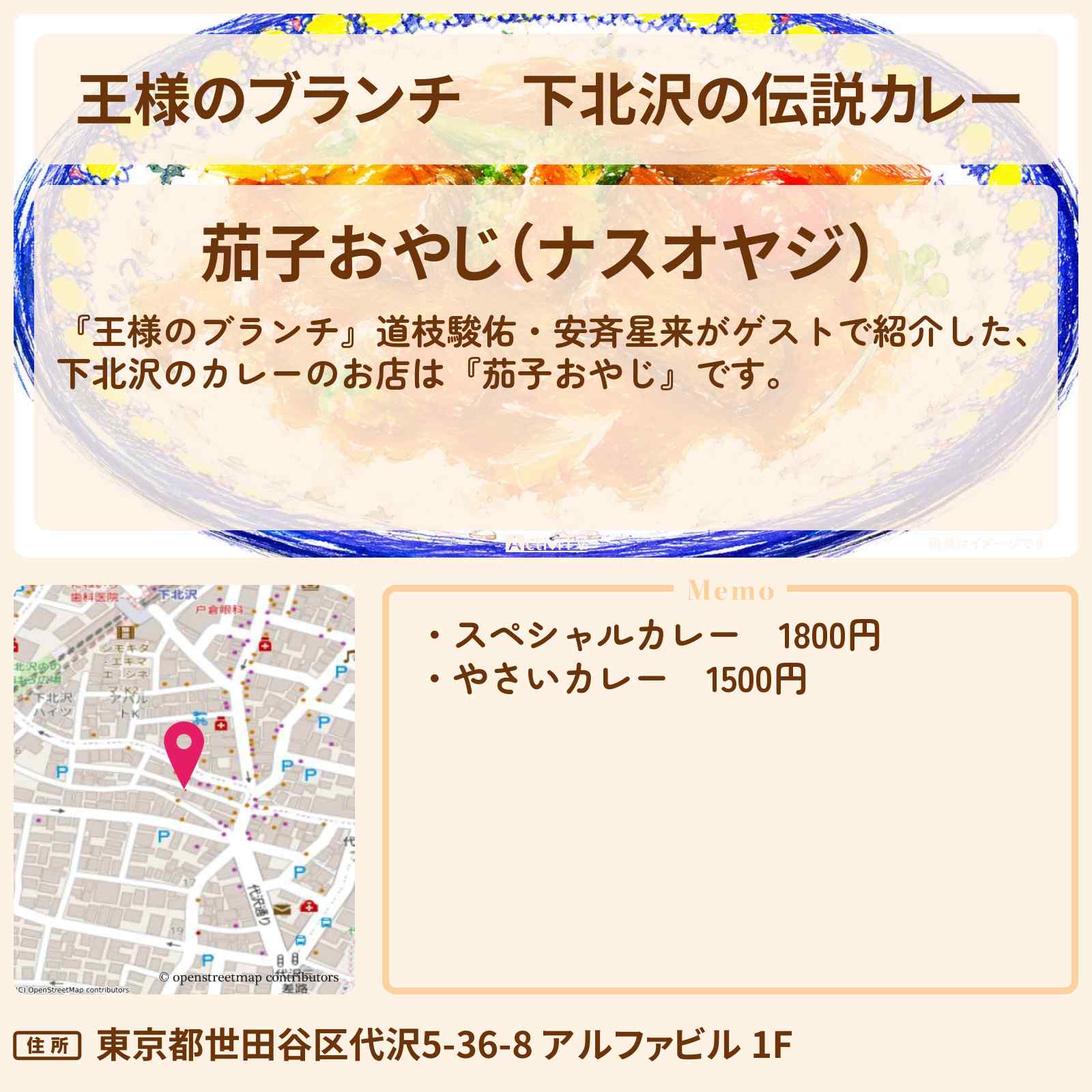 【王様のブランチ】下北沢の伝説カレー 道枝駿佑・安斉星来『茄子おやじ』お店の場所 〔買い物の達人〕