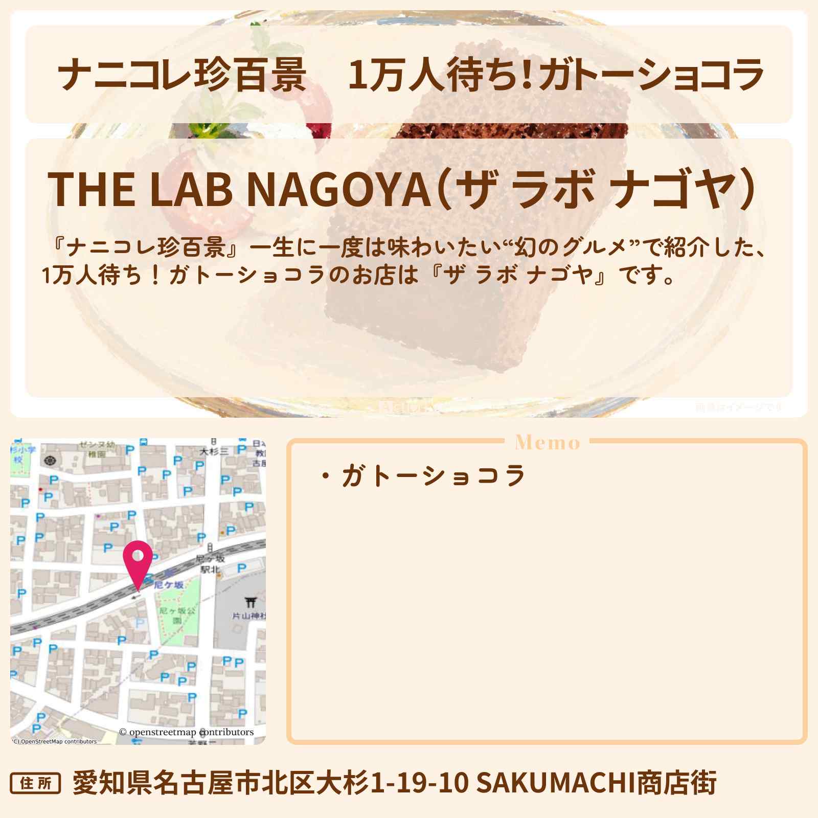 【ナニコレ珍百景】1万人待ち!ガトーショコラ『ザ ラボ ナゴヤ』幻のグルメのお店の場所