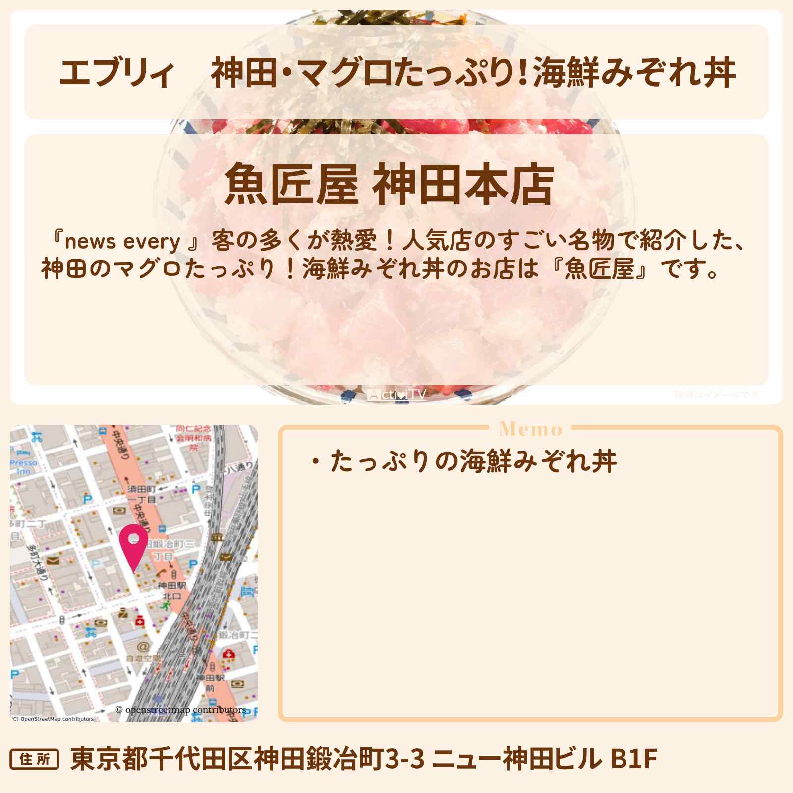 【エブリィ】神田・マグロたっぷり!海鮮みぞれ丼『魚匠屋』人気店の名物特集のお店情報 #every