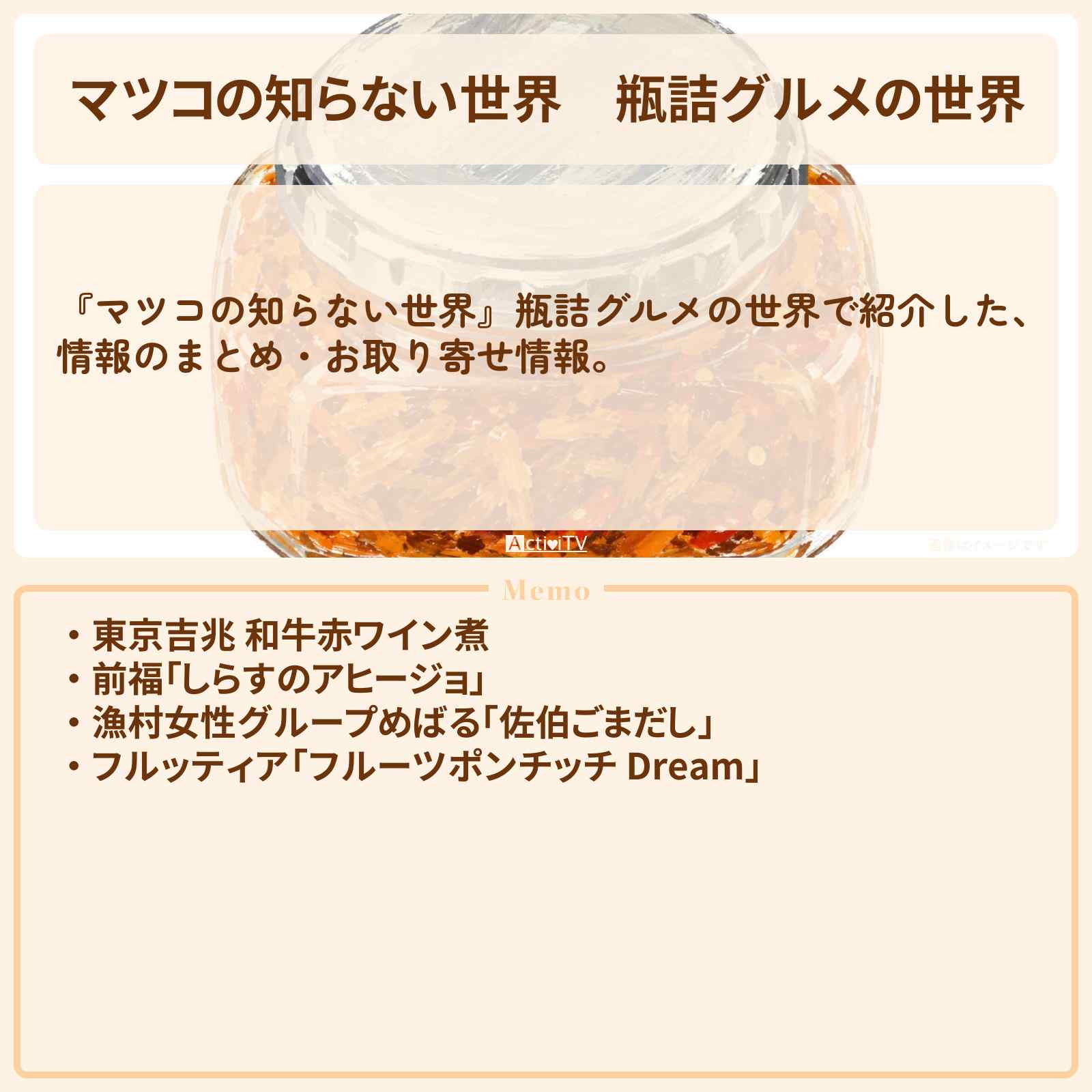 【マツコの知らない世界】『瓶詰グルメの世界』のまとめ・通販お取り寄せ情報