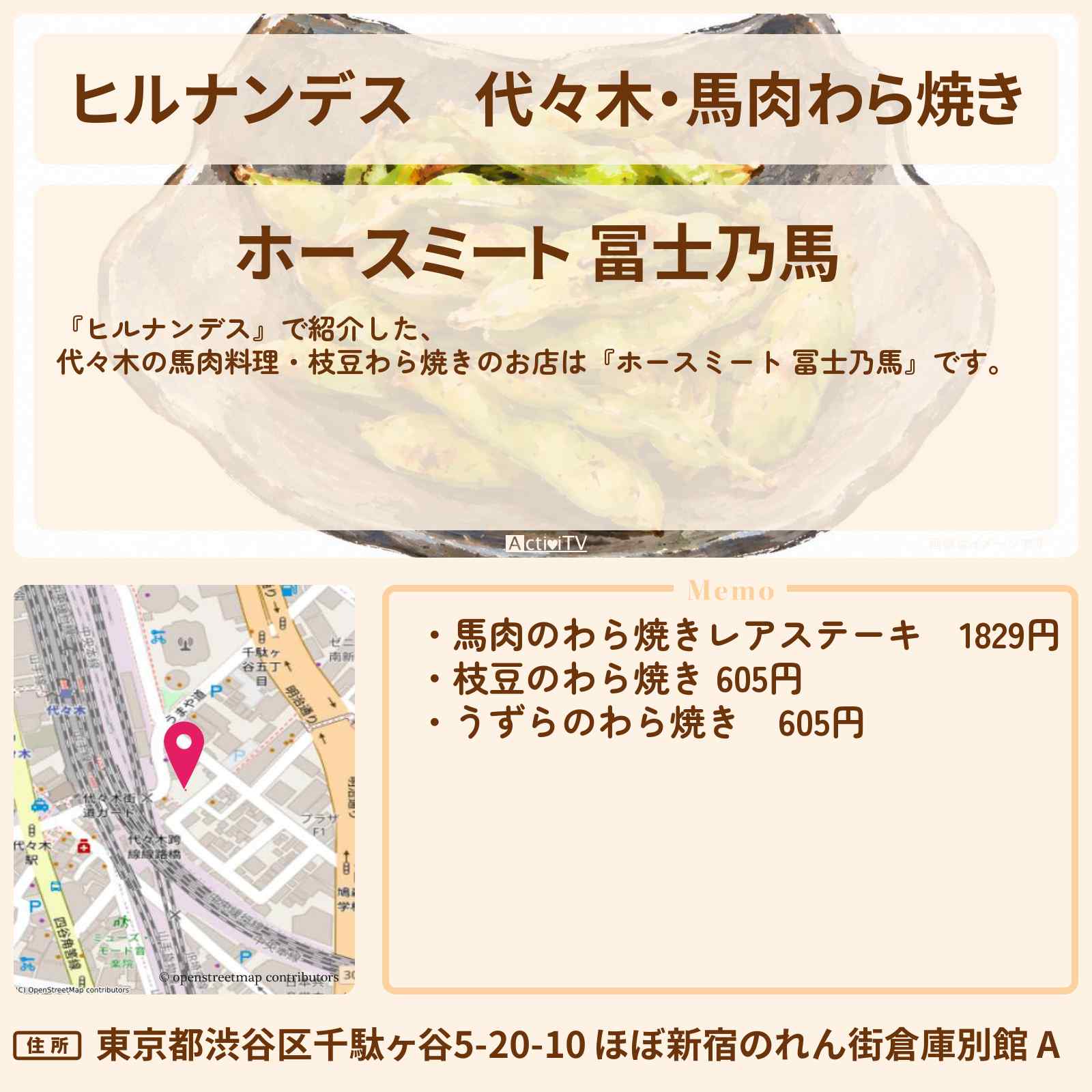 【ヒルナンデス】代々木・馬肉わら焼き『ホースミート 冨士乃馬』山手線1周歩きロケのお店情報〔石原良純・有岡大貴・チョコプラ〕