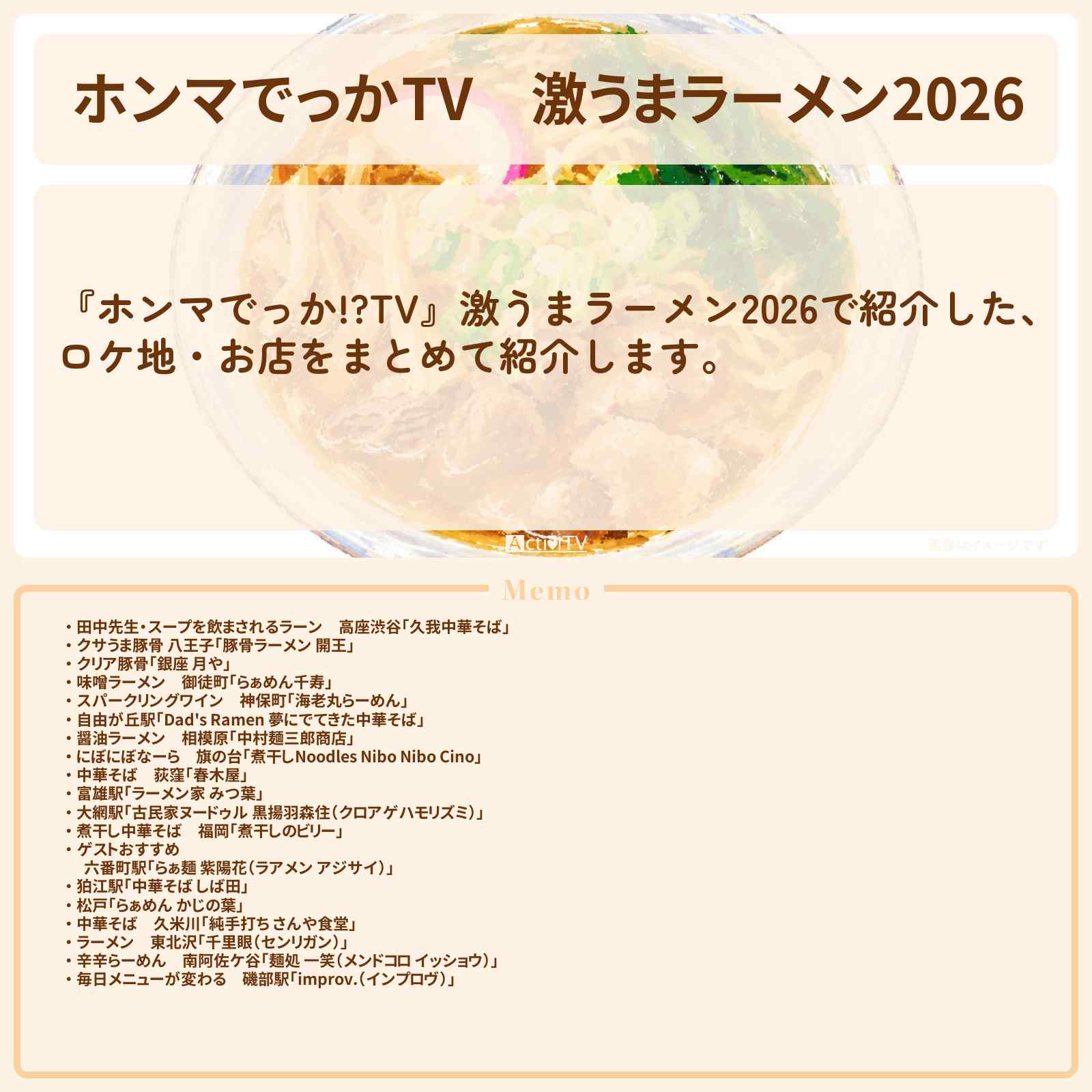 【ホンマでっかTV】『激うまラーメン2026』のお店・ロケ地まとめ