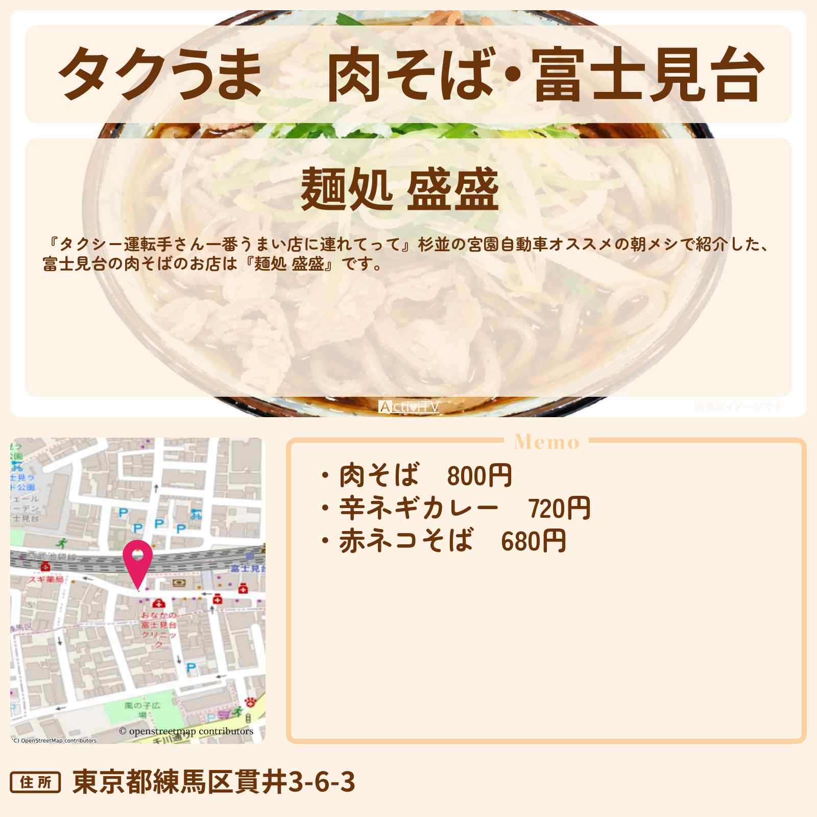 【タクうま】肉そば・富士見台『麺処 盛盛』朝メシのお店の場所〔タクシー運転手さん一番うまい店に連れてって〕